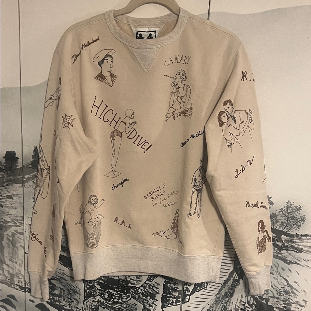 Embroidered Beige Crewneck - High Dive Doodle Size S
